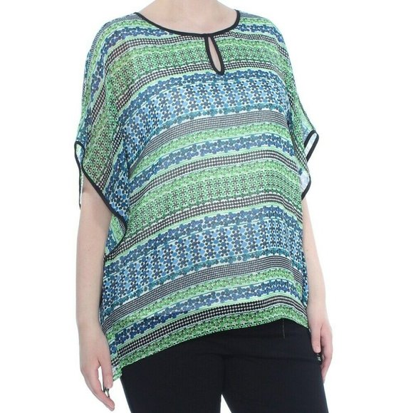 NWT Calvin Klein Chiffon Caftan Blouse XS Green Blue Geometric Tunic Top Keyhole - Picture 12 of 12